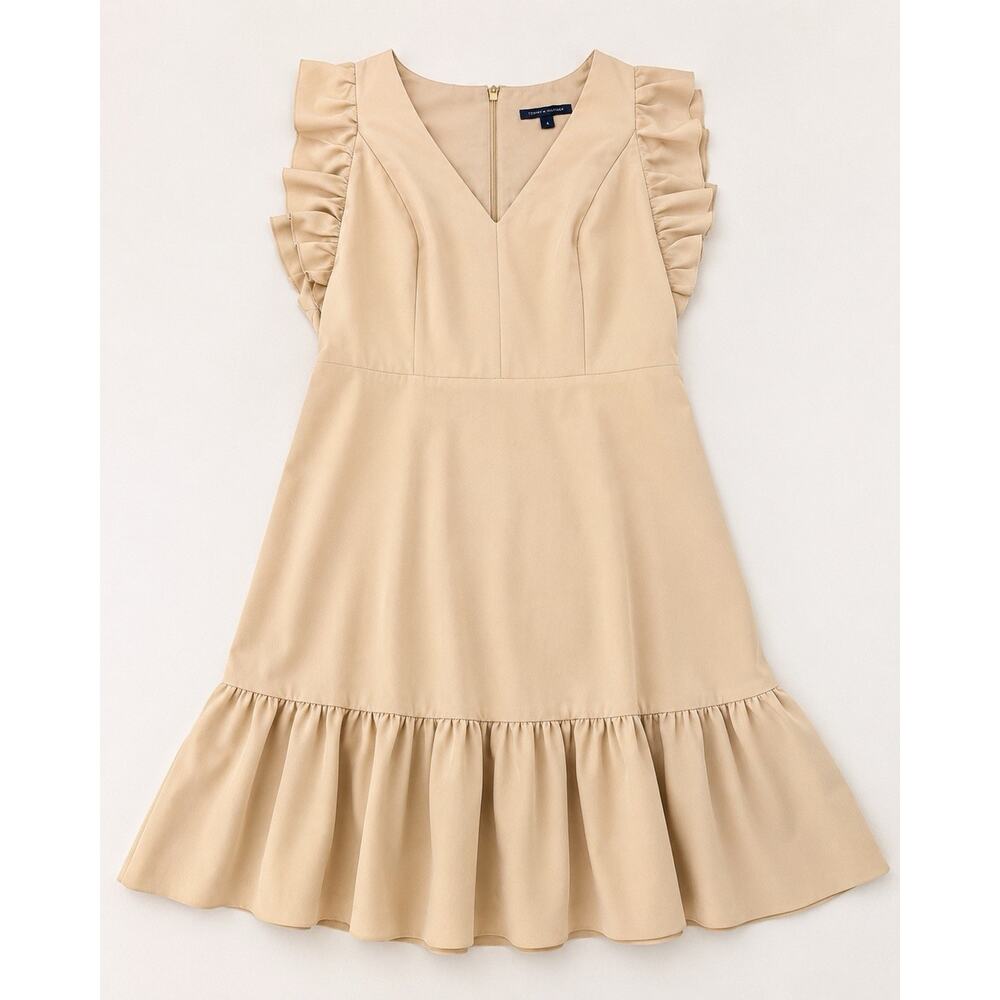 Tommy Hilfiger Beige Ruffle Sleeve Dress Women’s Size 4 Fit & Flare Midi